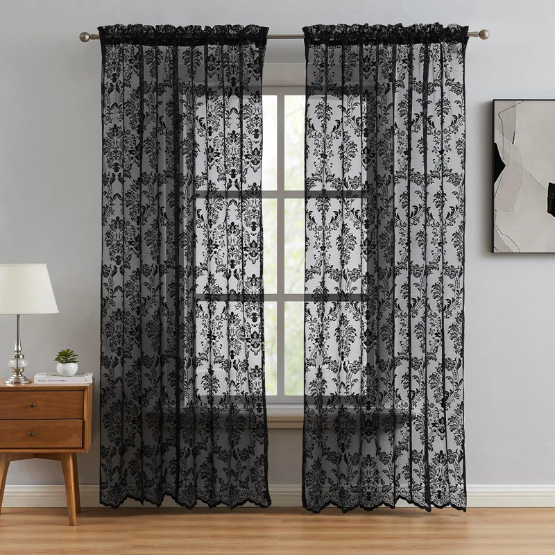 Froehlich Floral Sheer Lace Curtains in Black, Ivory, Linen and White Colors, Black, 54" W x 96" L