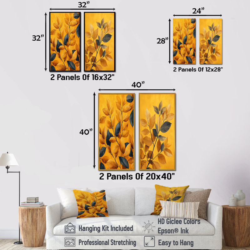 Moutarde feuilles d'automne étreinte I - art mural floral 2 panneaux, H 28 po x l 25 po, Encadrement argenté