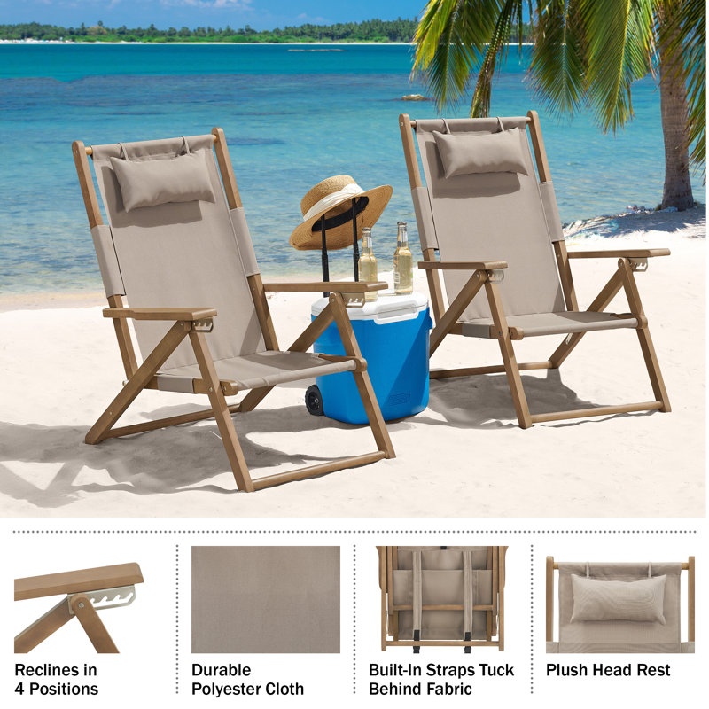 Set of 2 Beach Chairs - Outdoor Weather-Resistant Wood Folding Chairs with Carry Straps and Reclining Seat - Beach Essentials by Lavish Home (Taupe)