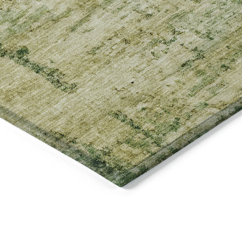 Machine Washable Green and Beige Synthetic Fern Rug