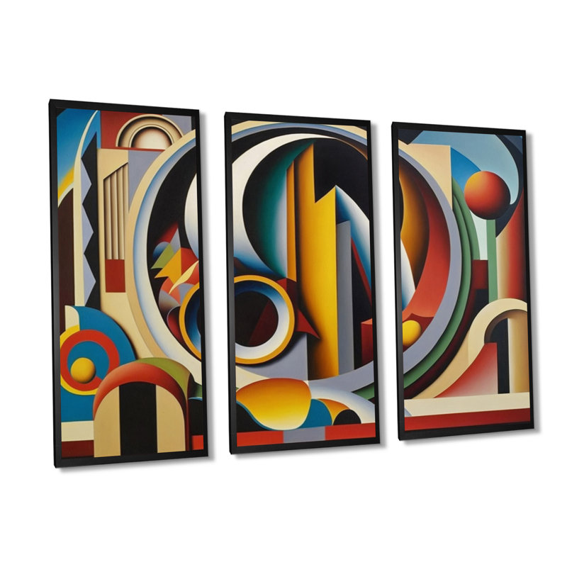 Circular Retro Dynamics II - 3 pièces sur toile, Cadre flottant noir, H 28 po x l 36 po
