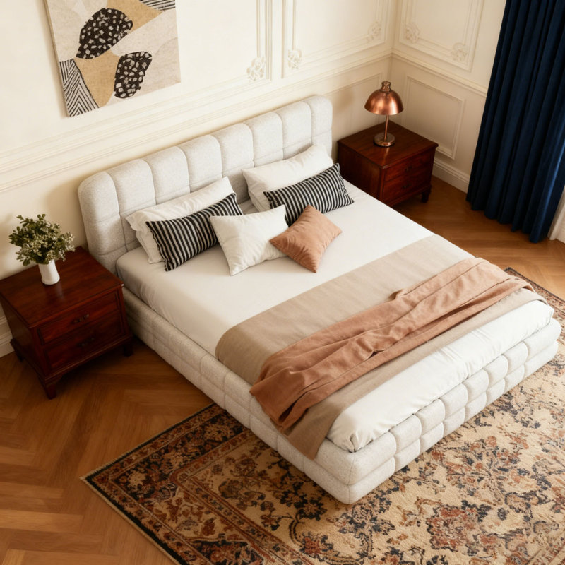 Grand lit plateforme tapissier Berber, Blanc