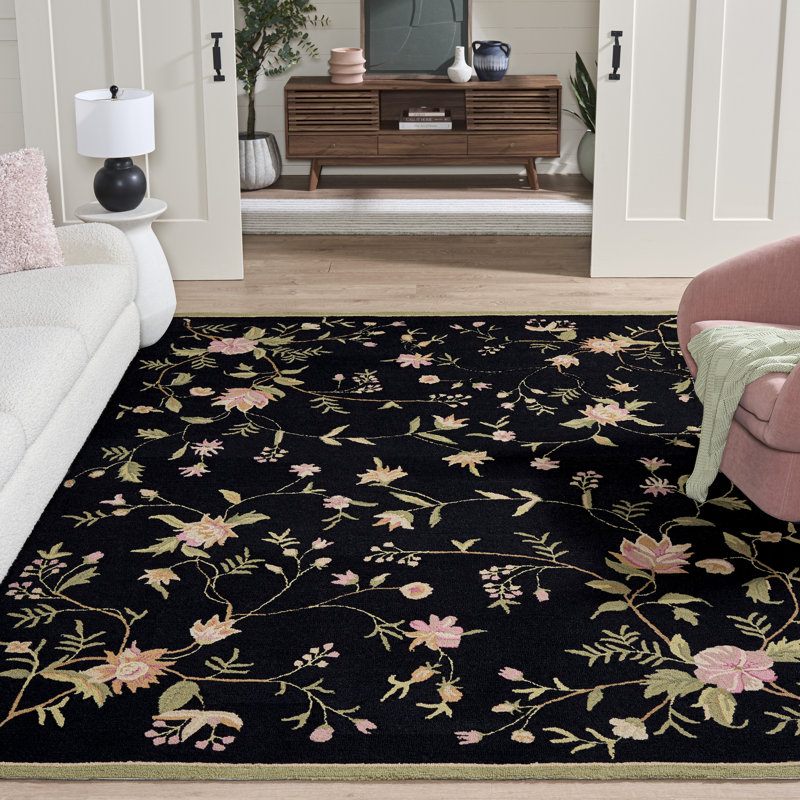 Tapis floral en laine crocheté à la main Kinchen, Black, Rectangle 9 pi x 12 pi