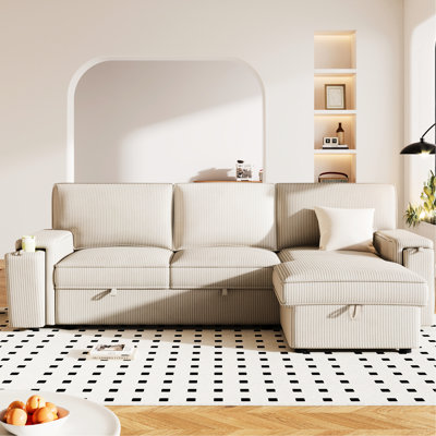 Canapé-lit modulaire à la mode avec rangement et porte-gobelets - Lit beige pour 3 personnes