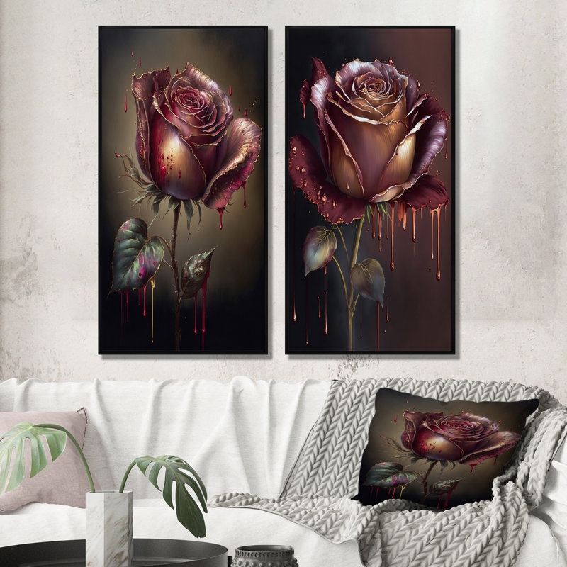 «Red Paint Drip Rose», 2 pièces sur toile, Cadre noir, H 20 po x l 24 po