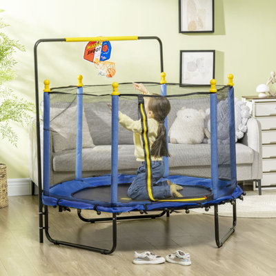 Trampoline pour enfants de 4,6 pi avec panier de basketball, barre horizontale, trampoline d'intérieur de 55 po avec filet, petits cadeaux de trampoline Springfree pour jouets d'enfants, 3 à 10 ans