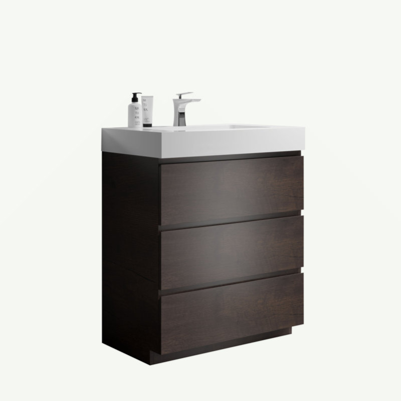 Meuble-lavabo mural de 36 po avec lavabo, grand meuble-lavabo flottant mural pour salle de bain moderne, lavabo une pièce sans drain, pré-assemblé