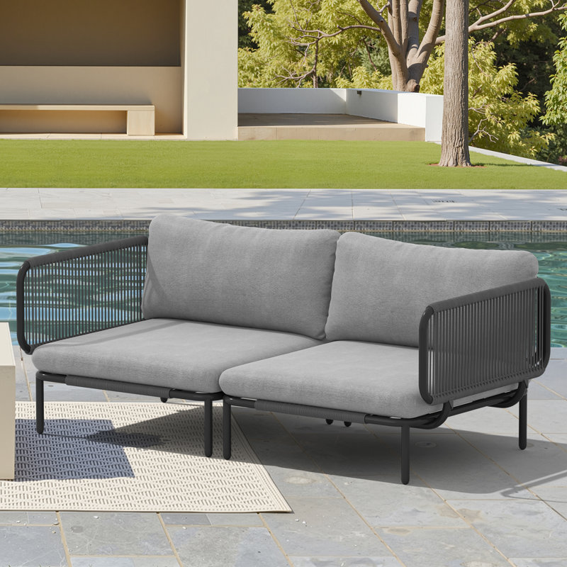 65" Wide Outdoor Loveseat With Cushions, Gray/Black