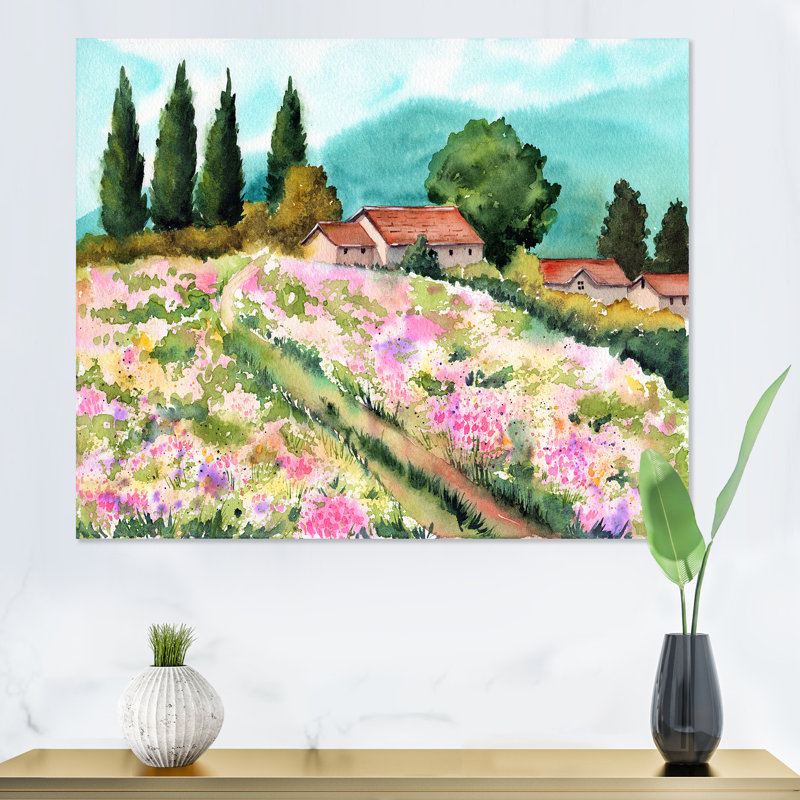«Little Mountain House on in Meadows», peinture sur toile, H 24 po x l 32 po, Toile tendue
