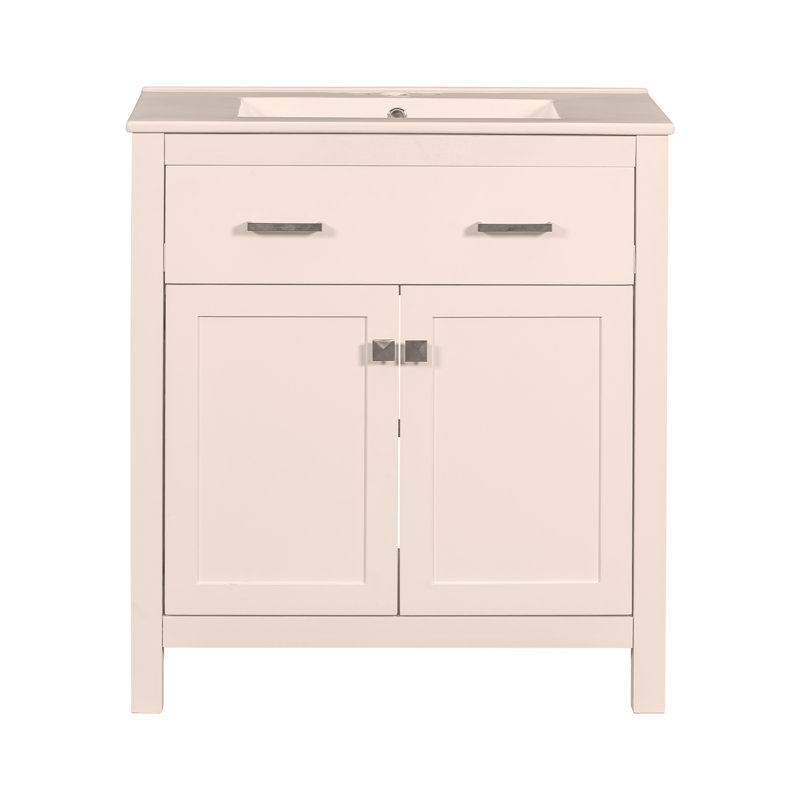 Meuble-lavabo de 30 po avec lavabo en céramique, armoire de salle de bain simple avec 2 portes et une tablette, portes, Blanc