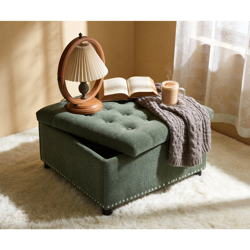 Storage Ottoman, Tufted Footstool, Nailhead Trim Ottoman, Green
