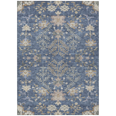 5' X 8' Blue Brown And Beige Floral Washable Indoor Outdoor Area Rug