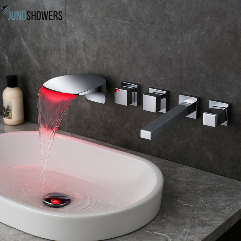 Juno 5 Hole Triple Handle Wall Mount LED Bathtub Faucet, Solid Brass Body with Colour Changing Lights