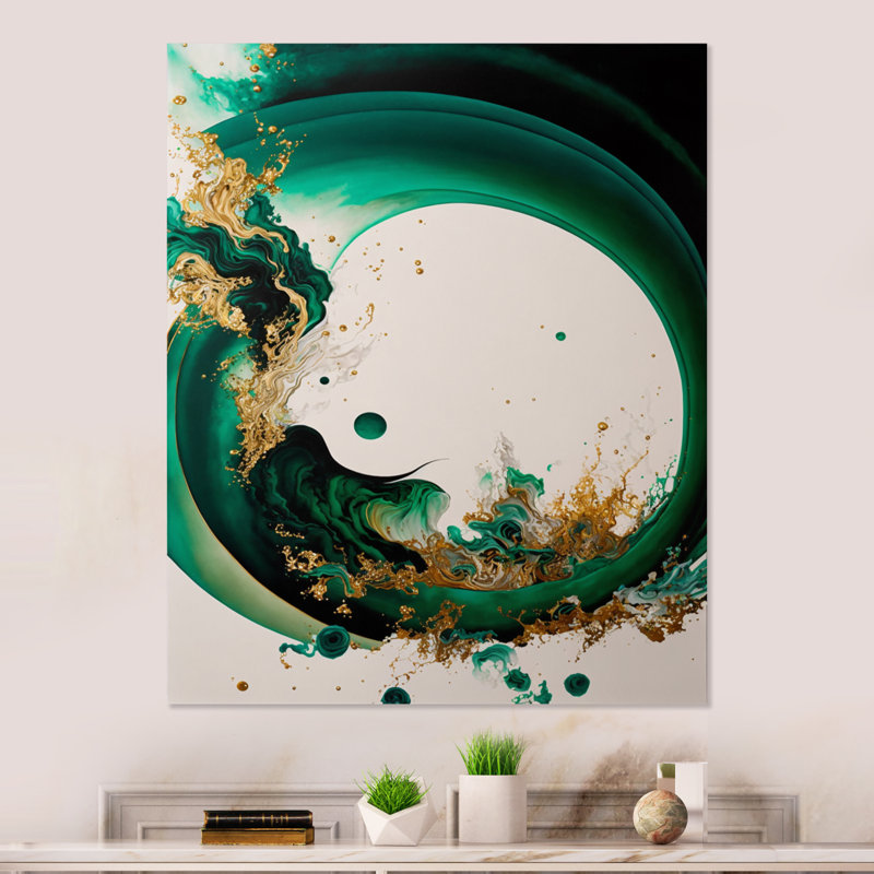 Emeraude vert et or abstrait vagues II - décoration murale moderne en métal, H 20 po x l 12 po x P 1 po