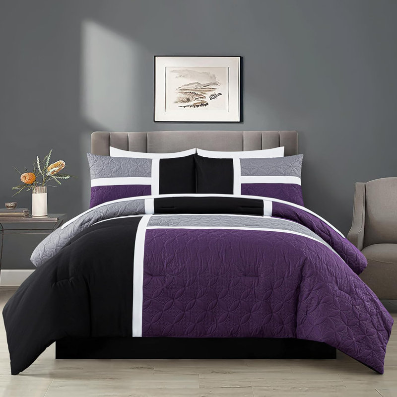 7-Piece Patchwork Bed in a Bag Comforter Set with Sheets, Full Comforter + 6 Additional Pieces, Purple/Black/Gray