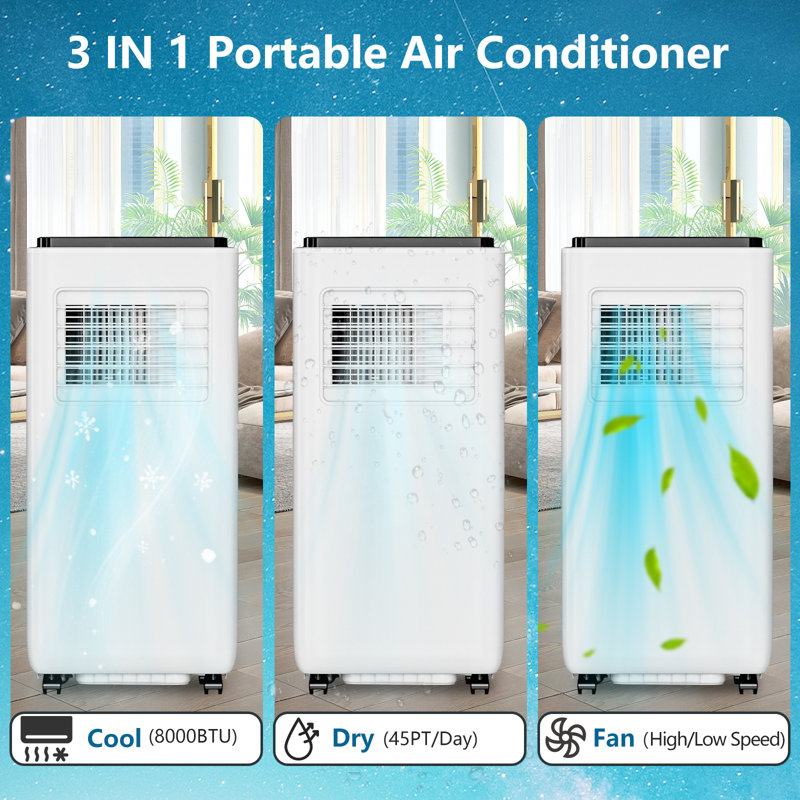Climatiseur portatif 8 000 BTU avec télécommande, refroidissement, déshumidificateur et ventilateur, silencieux, refroidit jusqu'à 350 pieds carrés. Installation facile