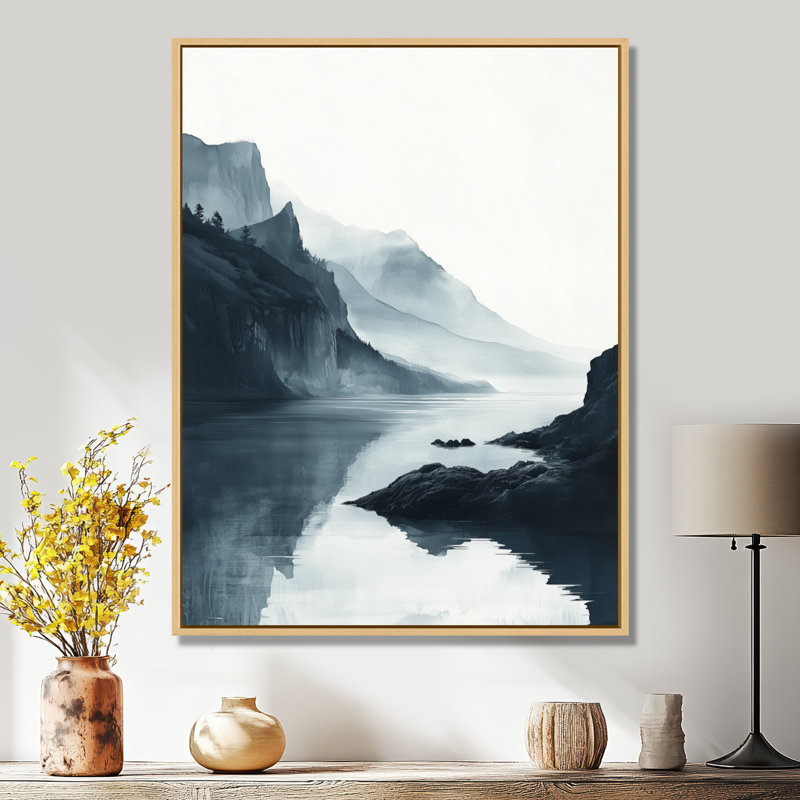 Graciani Winter Lake Side Valley of Tranquility I - art mural lac, Reproduction avec cadre flottant, H 44 po x l 34 po