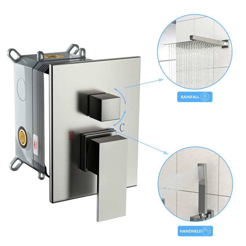 Wall Mounted Shower System, 10 Inch Square Rainfall Head, 26.18 Adjustable Slide Bar, Dual Function, Easy Installation, Brushed Nickel Finish Rain System With Rough - In Valve, Handheld Shower,