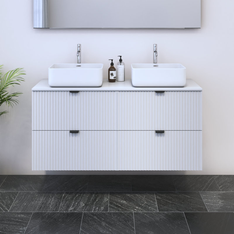 Ensemble de meuble-lavabo double 47,4 po avec plateau Lissia, Blanc