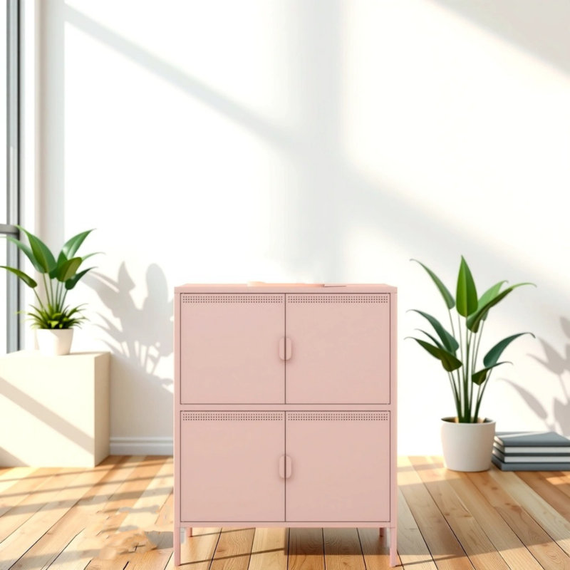 Grande armoire de rangement en métal 40 pouces avec 4 portes, Rose