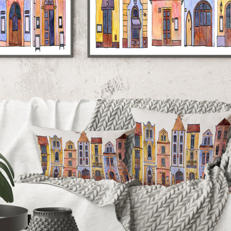 Sketch Of Old Europe Street IV - Bohemian & Eclectic Printed Throw Pillow, 16" x 16"