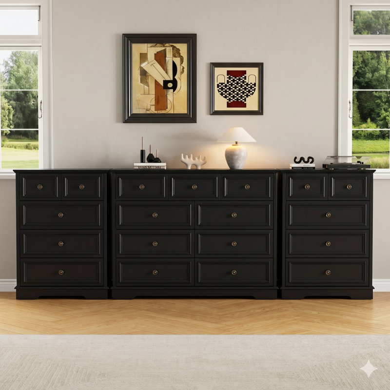 Vintage 3-Piece Bedroom Set: 9-Drawer Double Dresser And Set of Two 5-Drawer Tall Chest, Black