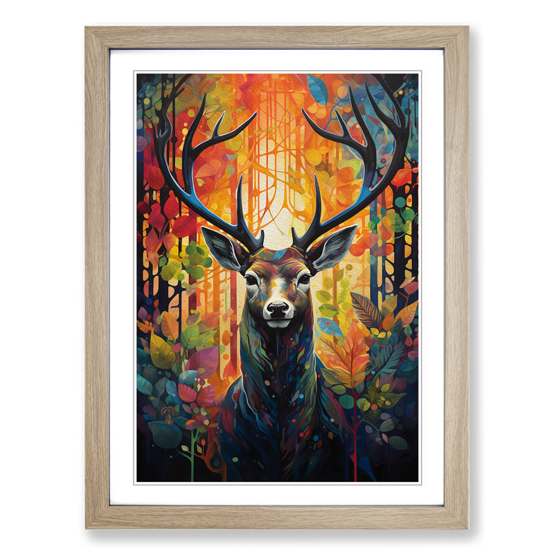 Deer Orphism - Single Picture Frame Print on Wood, 46cm H x 34cm W, Oak Framed