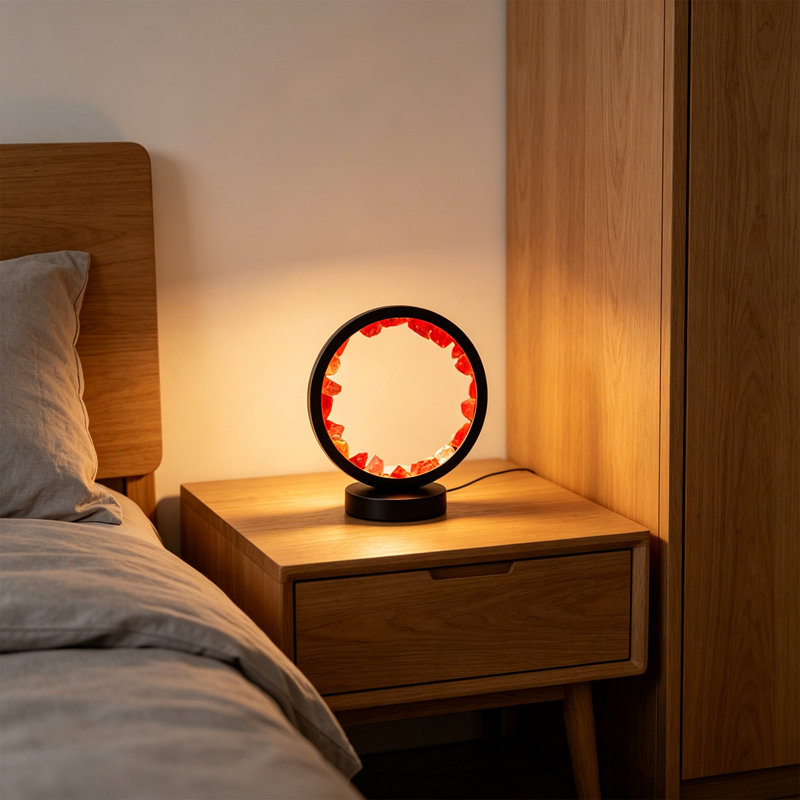 Veilleuse ronde en grappe de cristal naturel USB Lampe de chevet de chambre à coucher avec lumière ambiante