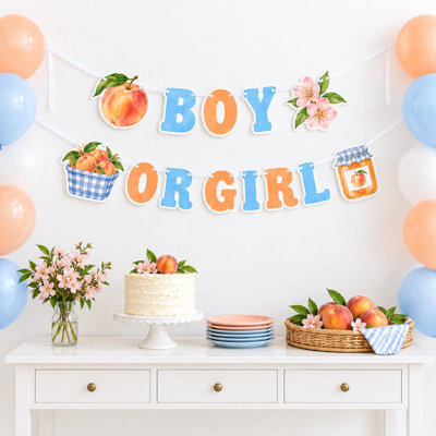 Little Peach Gender Reveal Banner, Boy or Girl Orchard Garland, Apricot Blue Botanical Party Decor