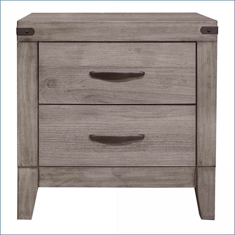 Table de chevet 2 tiroirs gris brunâtre avec mélamine et amp; Quincaillerie en métal foncé