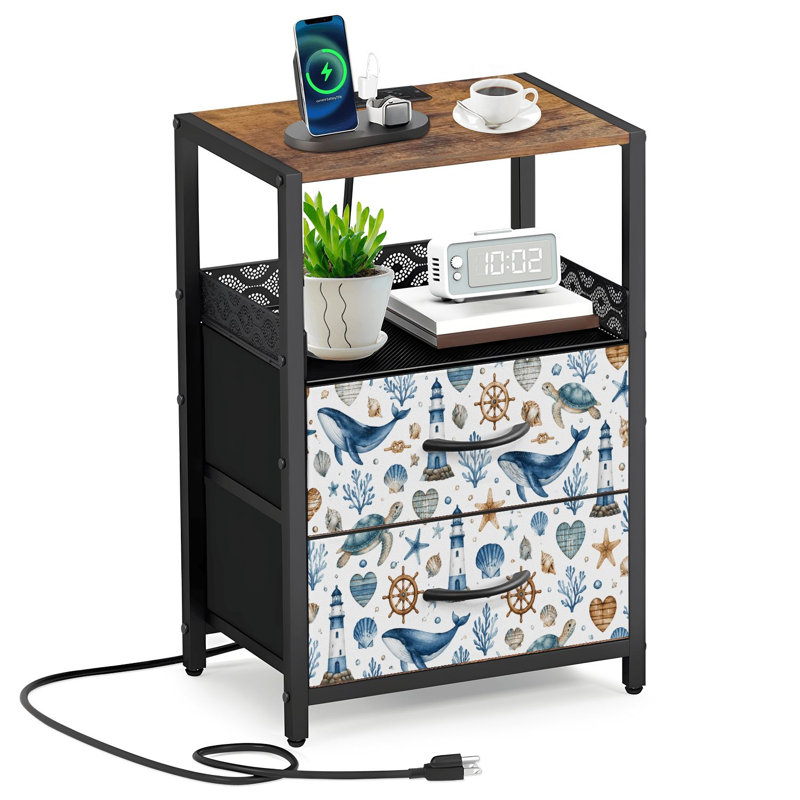 Table de chevet 2 tiroirs en tissu avec station de charge Baleines nautiques Phares de tortues marines