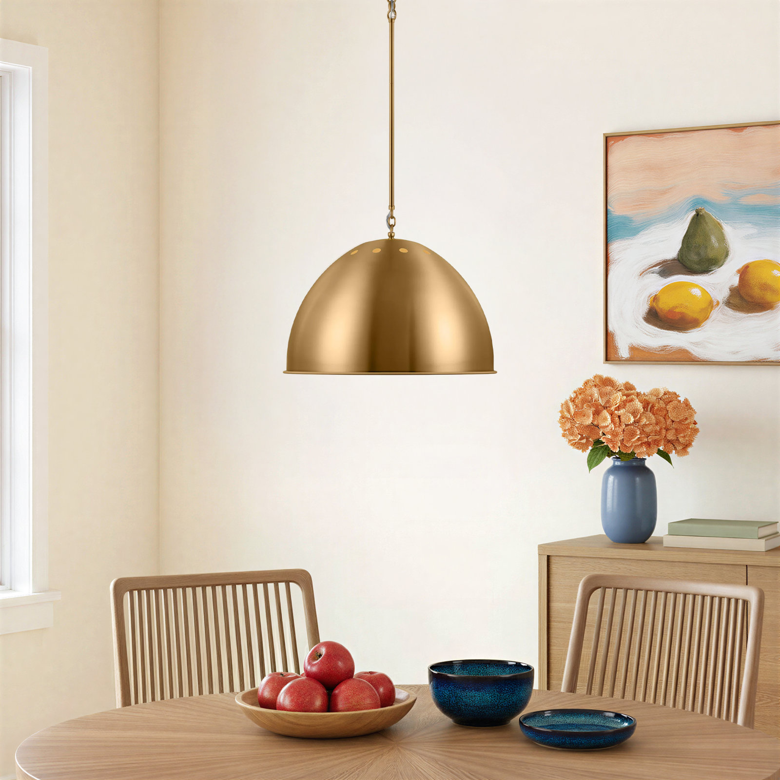 Single Light Metal Dimmable Pendant, 16.38" H x 20.38" W x 20.38" D, Burnished Brass
