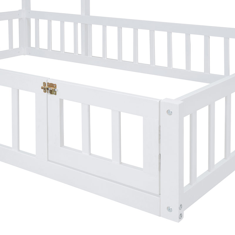Lit de plancher en bois avec garde-corps et tête de lit détachable en forme de maison, lit double avec support pour enfants, structure de maison de jeu pour enfants Montessori, blanc