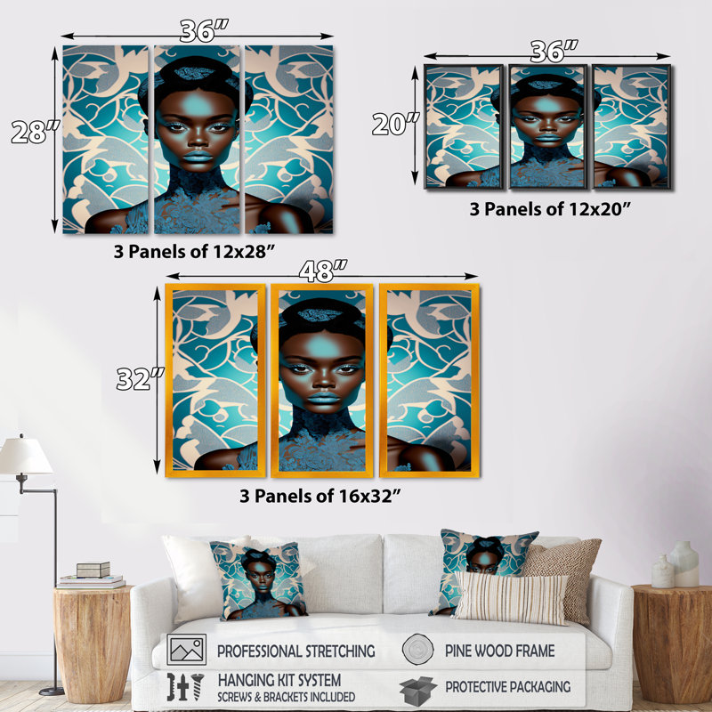 Beautiful Retro African American Model VI - 3 pièces sur toile, H 28 po x l 36 po x P 1 po, Toile encadrée noire