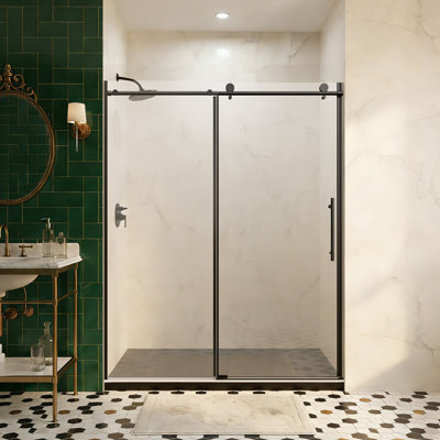 Porte de douche coulissante simple sans cadre de 56 à 60 po x H 76 po, barre ronde en acier inoxydable noir mat, verre trempé transparent de 1/4 po (6 mm) de style GSC, réversible et peu encombrant