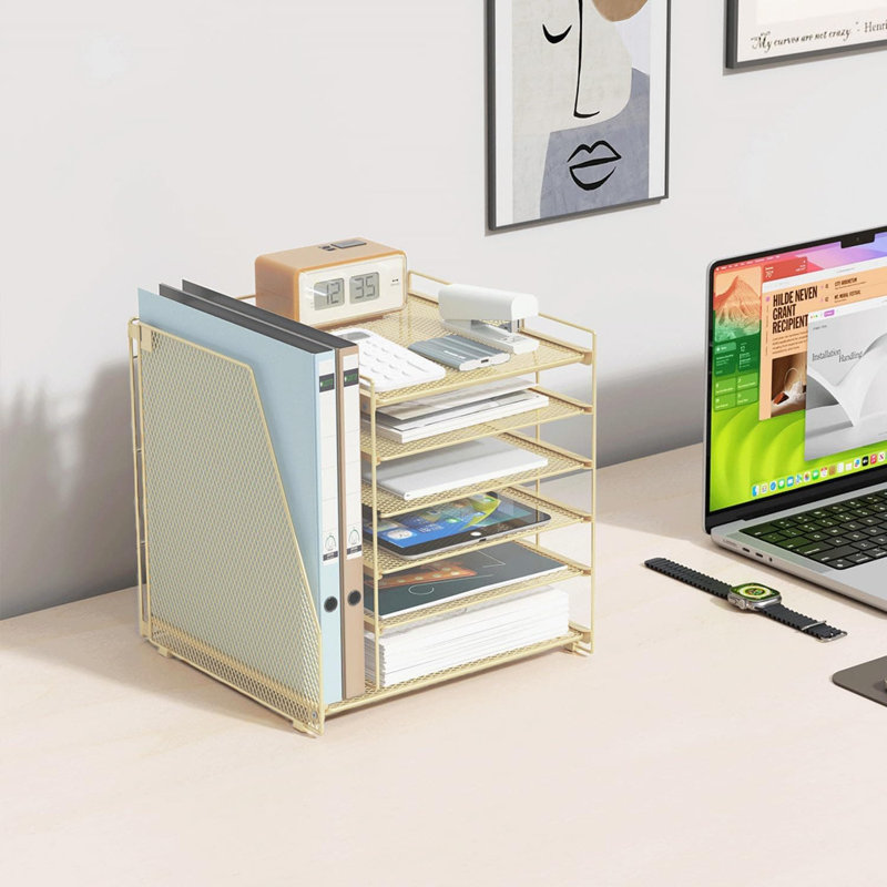 Rose Gold 6-Tier Desk Organizer for Women: With Magazine Rack & Office Desk Decor, Black