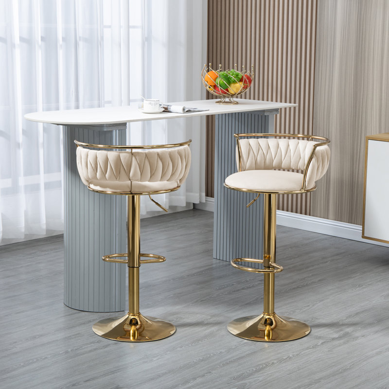 Tabouret de bar pivotant avec dossier Ginko, Ivoire ivoire, Doré
