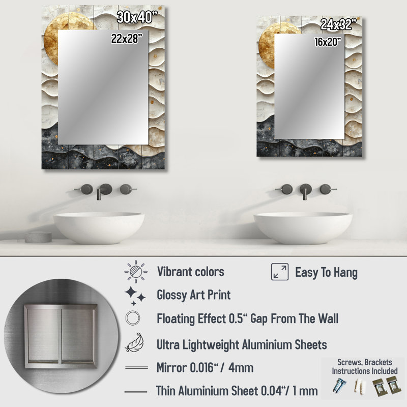 Gris inca Legacy Sunrise Tiles II - grand miroir de carreaux Boho, décor de miroir mural unique, 40 po x 30 po