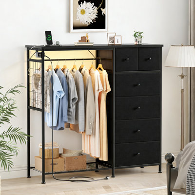 6 Fabric Drawer Dresser with Hanging Rack LED Light and Charging Station with Clothes Rack, Storage Chest