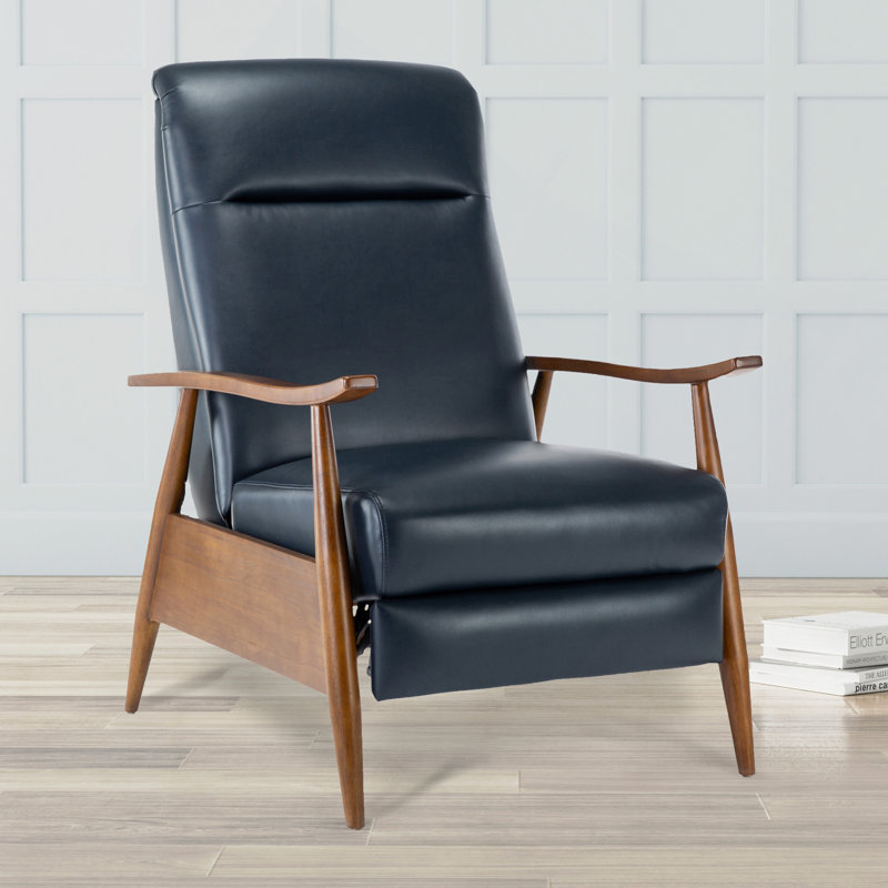 Wood Arm Push Back Recliner, Blue