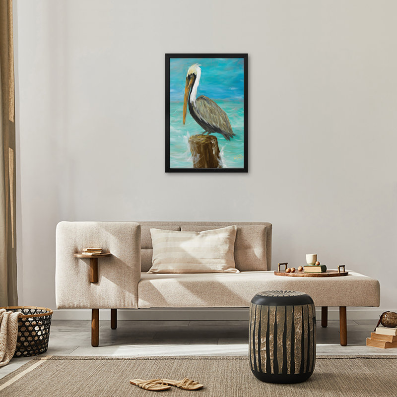 Single Pelican on Post Premium Framed Poster by Julie Derice, 32" H x 24" W