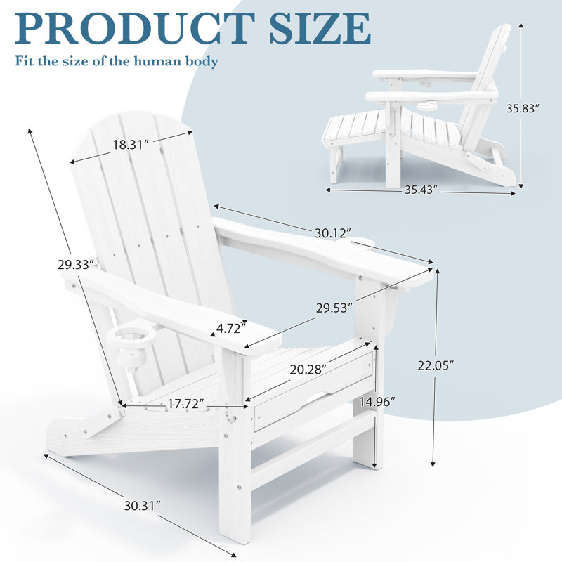 HDPE Foldable Adjustable Outdoor Adirondack Chair With Ottoman and Double Cup Holder, White