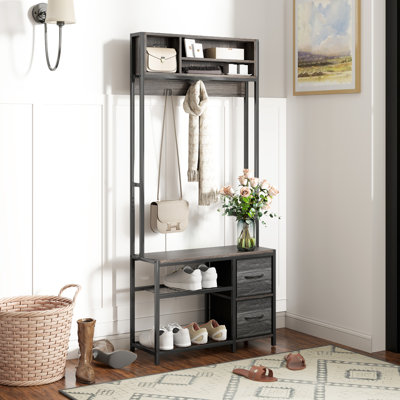 Hall Tree With Bench And Shoe Storage, 5-In-1 Entryway Bench With Coat Rack, 3 Storage Compartments, 5 Coat Hooks, 2 Fabric Drawers, Distressed by Ebern Designs