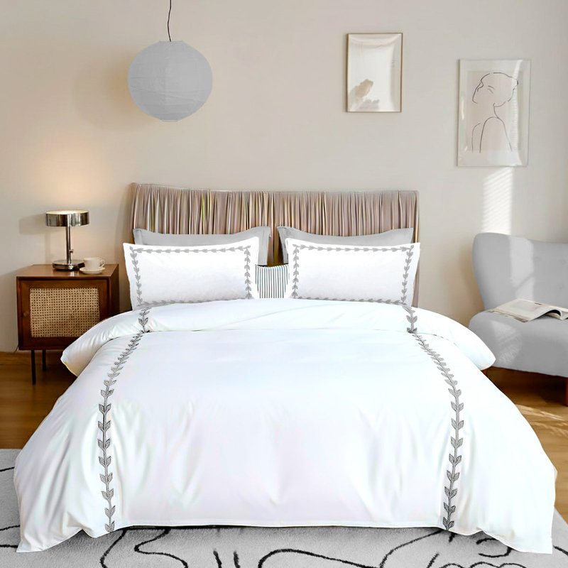 Layered Leaf Applique Cotton Duvet Cover Set, Oversize King Duvet Cover, White/Green