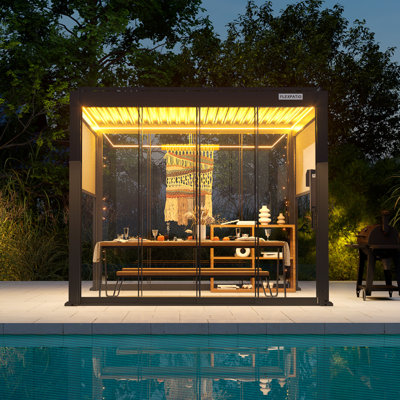 Flexpatio 10 Ft. W X 10 Ft. D Power+ Motorized Outdoor Louvered Pergola W/ 2-Side Shades & 2-Side Sliding Glass Doors