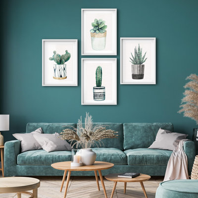 " Succulent And Cactus Potted Plants Watercolor Botanical Artwork Nature Modern Decor " 4 - Pieces