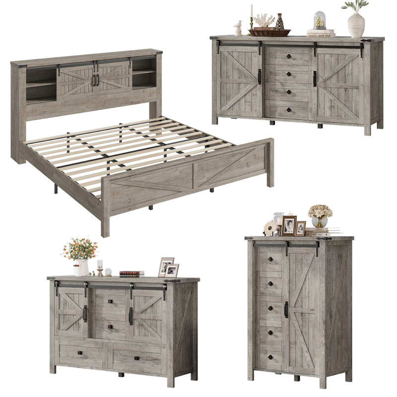  Ensemble de chambre à coucher de style campagne avec porte de grange 4 pièces, très grand, 4 pièces, gris, gris, Très grand