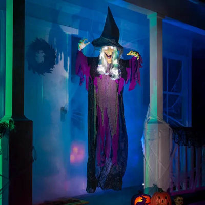 Décoration d'Halloween sorcière suspendue à l'extérieur, fantôme volant parlant, éclairant les yeux, à l'extérieur, accessoire de maison hantée pour jardin de pelouse, mauve