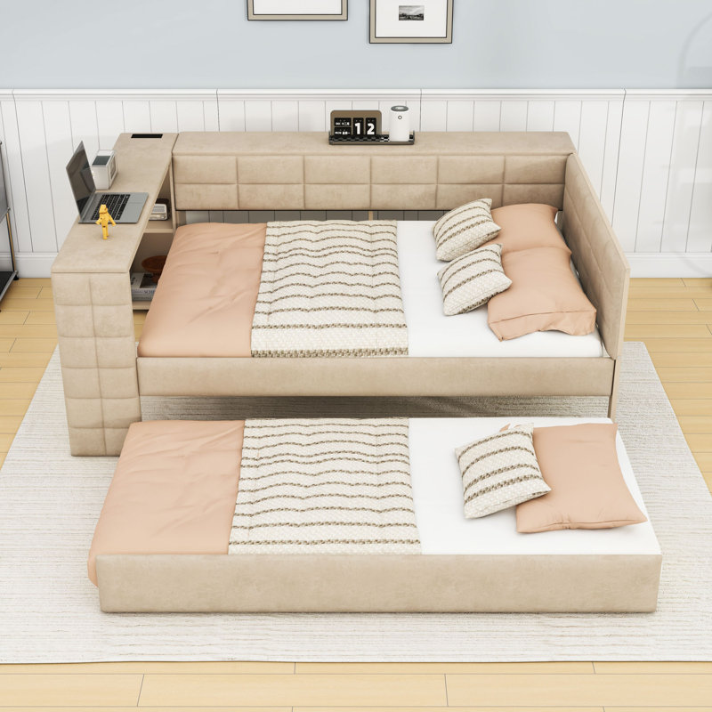 Full Size Velvet Upholstered Daybed with Built-In Twin Trundle, Desk, Shelves, Outlets and USB Ports, Beige