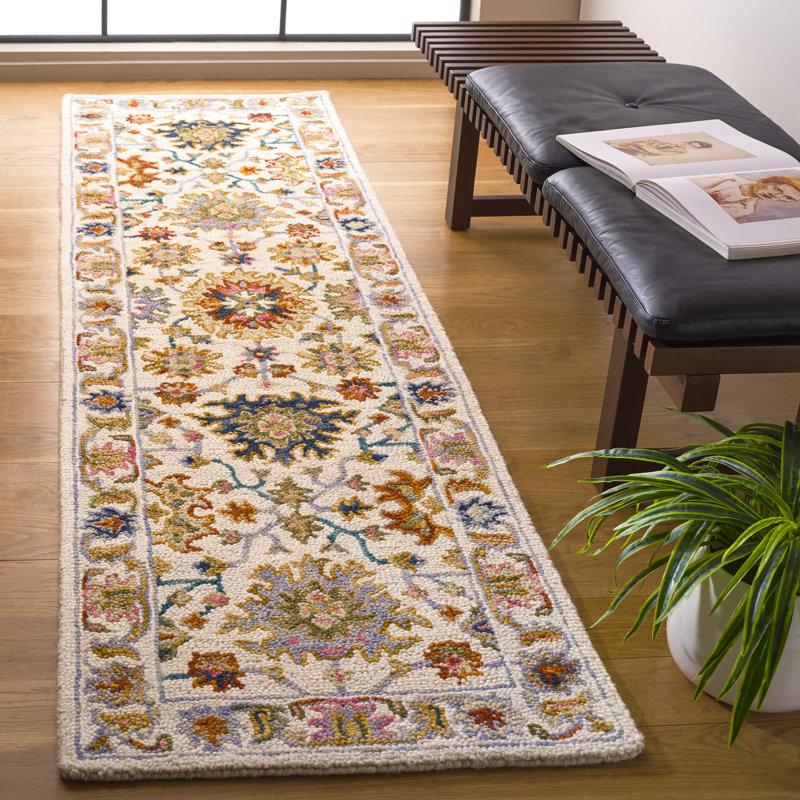 Tapis oriental performance en laine / coton touffeté Fredericke blanc / bleu / jaune, Tapis de couloir 2 pi 3 po x 8 pi